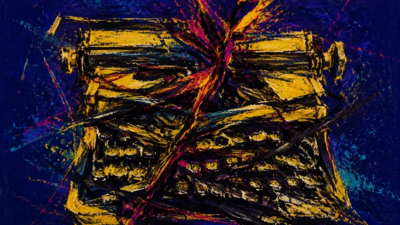 Jammed Future An abstract typewriter with jammed keys representing guilt-driven career paralysis and oppressive