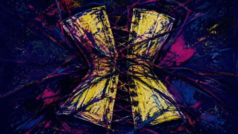 Cinched by Ambiguity A constricted corset tangled by crossing lines, representing limerence, compulsive checking, and los