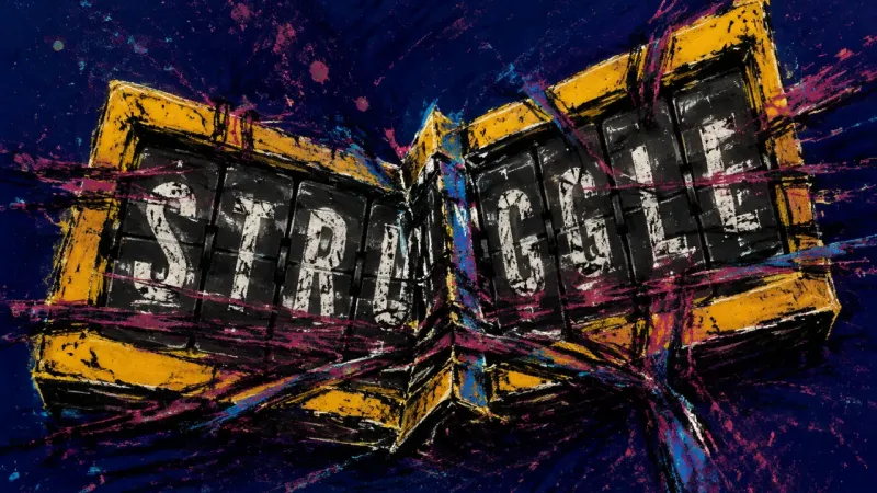 A split-flap display crushed into tangled rows represents academic re-entry procrastination driven