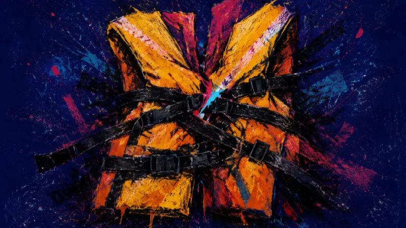 Strapped Into Conflict A distorted life jacket bound by crossing lines, representing peacekeeper burnout, relational appreh