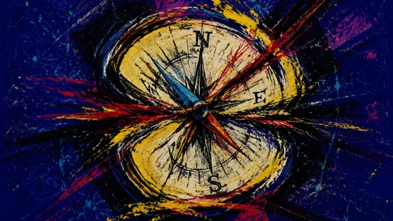 Jammed Direction A distorted compass and tangled marks representing lost adult agency beneath conditional family
