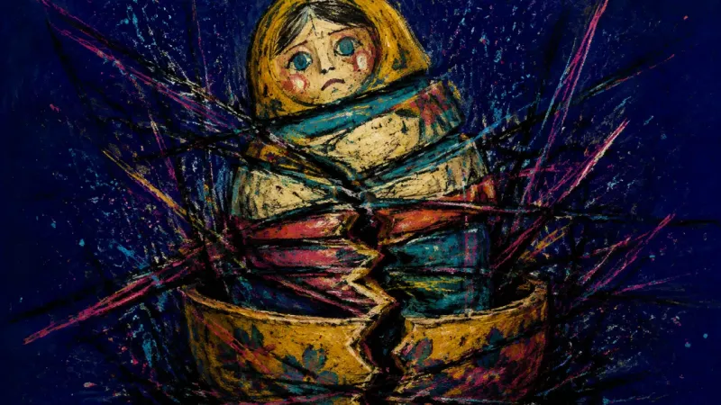 Nested Under Judgment A nesting doll crushed into misaligned layers and bound by chaotic lines, representing identity