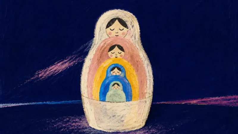 Layers in Accord A nesting doll restored to aligned, distinct layers, representing calmer boundaries and a self-auth.