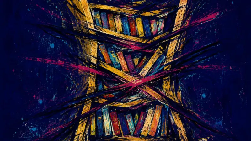 Compressed Belonging A distorted bookshelf trapped in dense lines, representing postponed comfort and the fear of||||