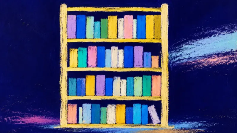 Belonging in Place An orderly bookshelf representing comfort, present-tense care, and grounded belonging despite an||||