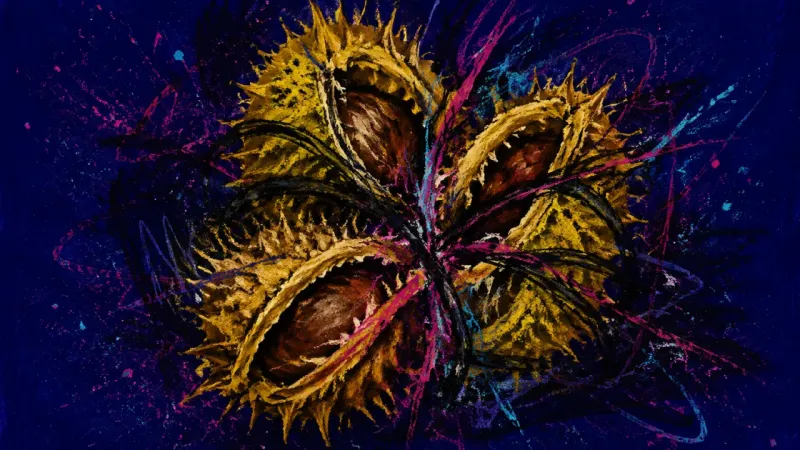 A chestnut burr crushed inward beneath chaotic lines, representing ambivalence, overanalysis, and er