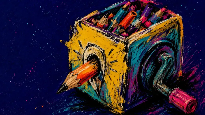 The Blunt Endpoint A jammed pencil sharpener symbolizes completion paralysis, where endless revision protects an