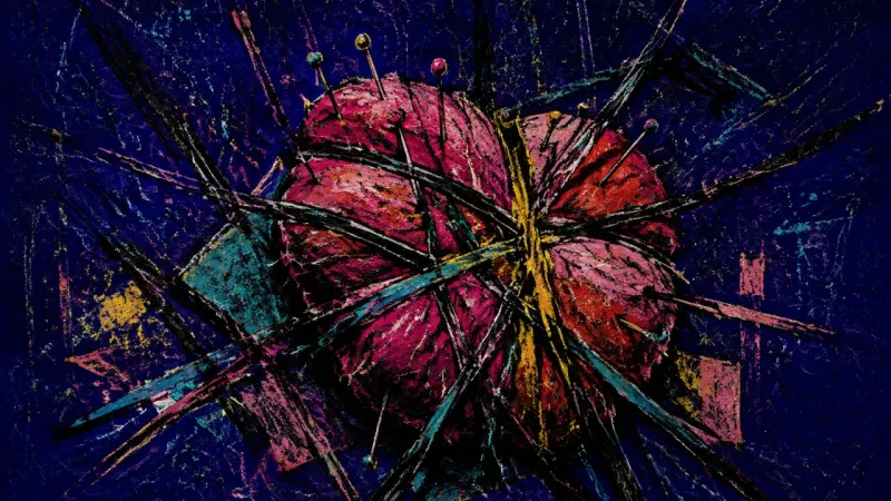 Pierced Into Service A crushed pincushion pierced by tangled lines, representing guilt, emotional overload, and compulsor