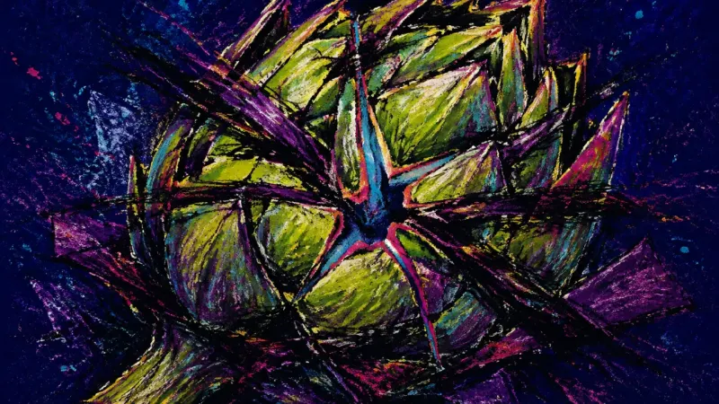 A crushed artichoke surrounded by chaotic lines, representing identity fatigue and pressure to