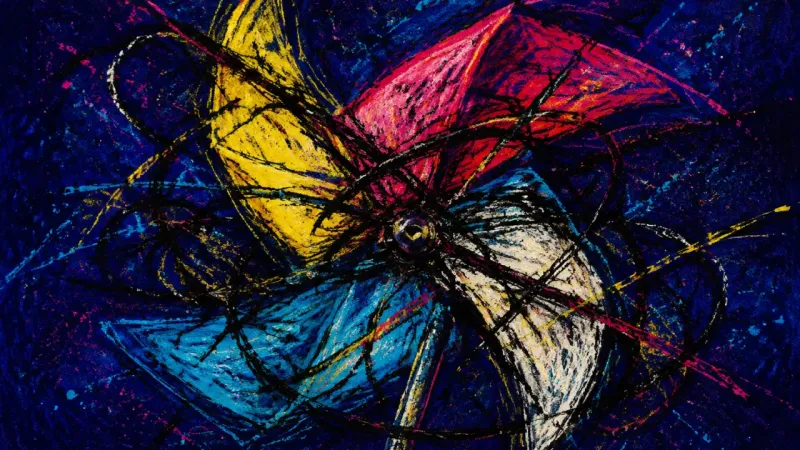 A pinwheel crushed into a tangled knot, representing stagnant self-doubt and the fear of changing a