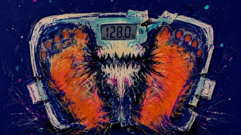 The Punitive Readout A bathroom scale worn into opposing foot-shaped folds, symbolizing how a tracked number can become a