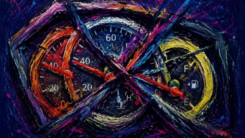 Gauges Under Judgment A gauge cluster crushed into a tangled array, showing shame and compulsive checking as self-tracking