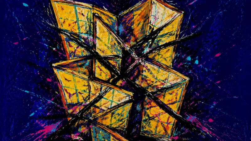 Collapsed Identities An abstract room divider crushed into overlapping panels, representing role overload and fear that