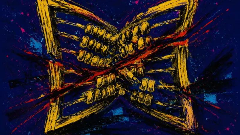 The Jammed Count An abacus crushed into a dense tangle, representing workplace dating ambivalence, overcalculation,