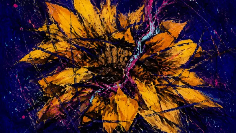 Compressed Vitality An abstract sunflower compressed into disorder, representing deferred living and resignation under