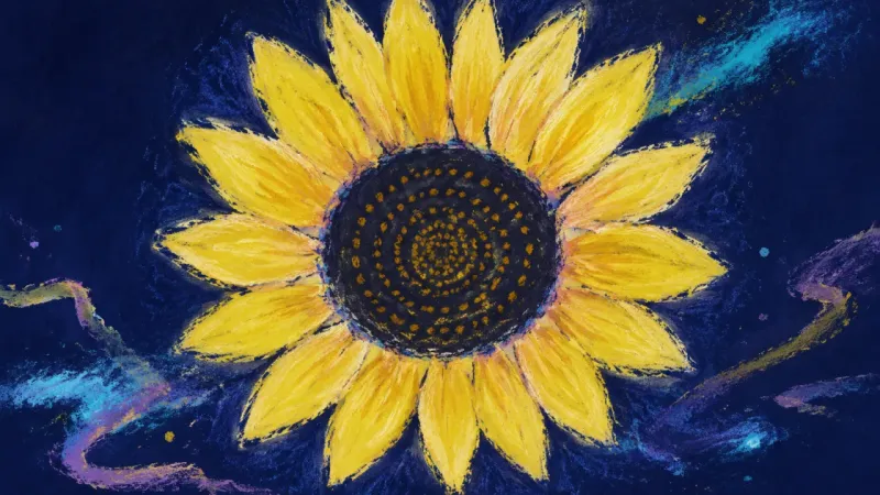 Restored Presence An abstract sunflower restored to balanced order, representing present-tense living beyond the need