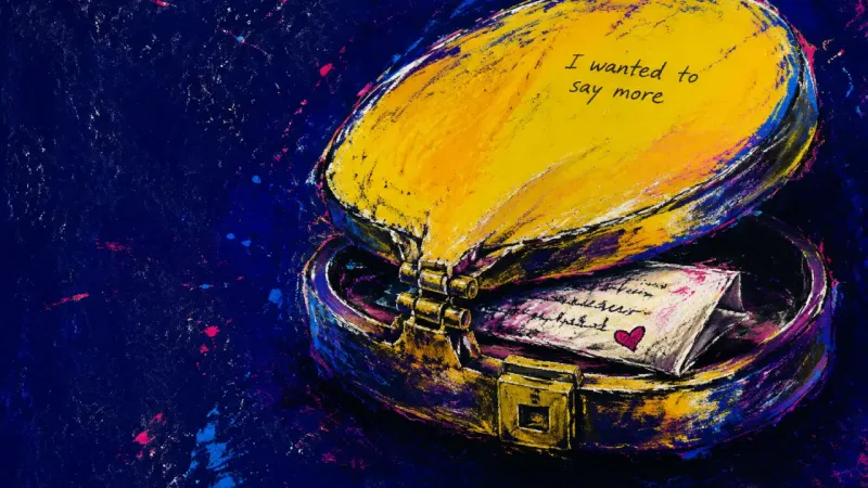 A crushed compact mirror trapping a folded message, symbolizing the fear that expressing hurt will