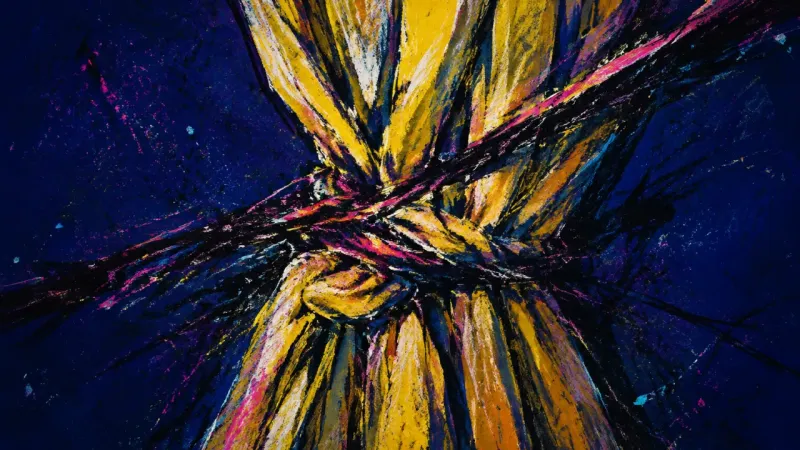 Silenced Folds A crushed curtain tangled into dense folds, representing emotional self-silencing and fear that||||
