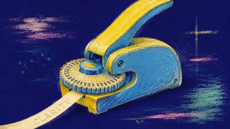 A restored label embosser releases one clear strip, symbolizing career anxiety resolving into select