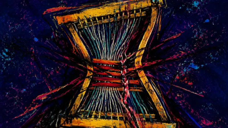Loom of Regression A crushed loom bound by tangled lines, representing identity shame and the loss of adult autonomy.