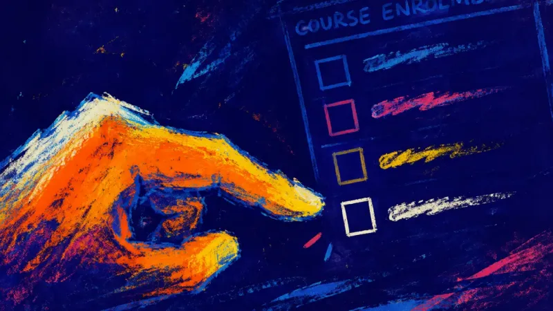 A hand pauses before selecting a course, symbolizing uncertainty and fear of choosing a direction