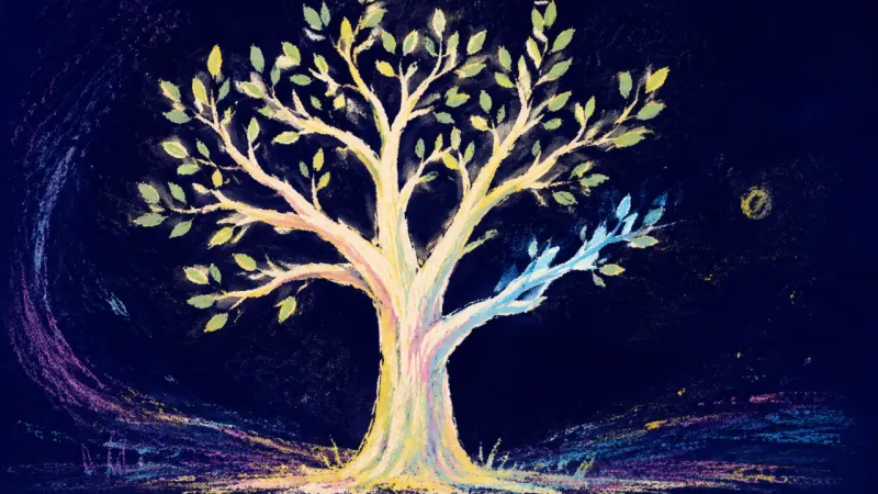 Self-Authored Growth An open, balanced abstract tree represents personal values, self-trust, and direction discovered, by