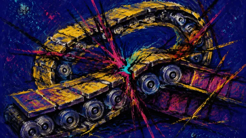 The Urgency Loop A crushed conveyor belt represents recurring deadline burnout, unstable priorities, and the recovery