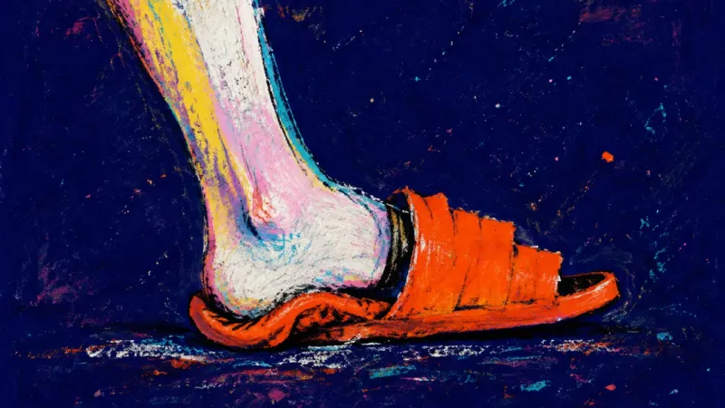 A locked ankle drives a heel through a crushed house slipper, symbolizing how uncertainty turns
