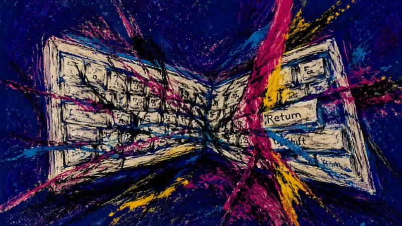 A distorted keyboard trapped in tangled lines, representing career paralysis when uncertainty is