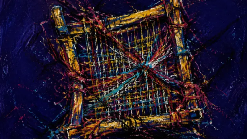 The Strangled Weave A loom crushed by tangled lines represents role overload and fragmented attention between a day job