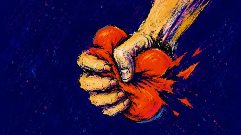 A hand crushes a split stress ball, symbolizing the pressure of earning family belonging by managing