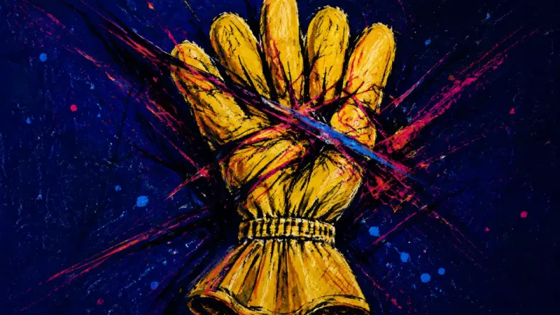 A contorted dishwashing glove overwhelmed by tangled marks represents family-role guilt, conditional