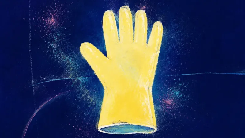 An open, orderly dishwashing glove represents family-role guilt resolving into honest boundaries, s,