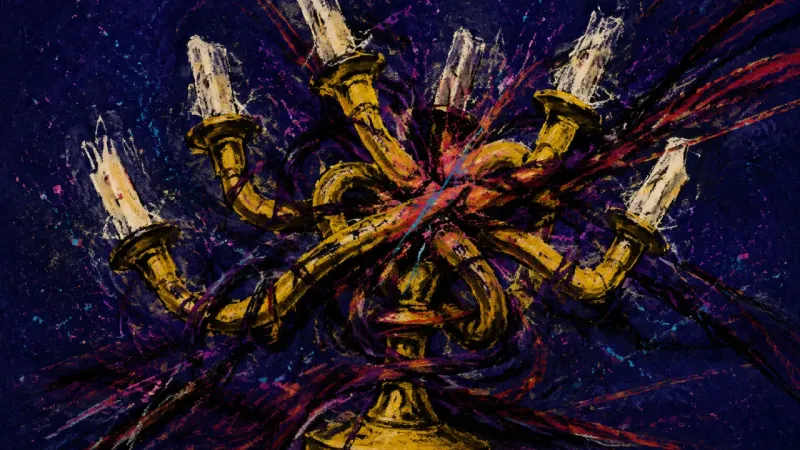 Candelabra Under Pressure An abstract candelabra crushed into a tangled form, representing guilt-driven overcommitment and the