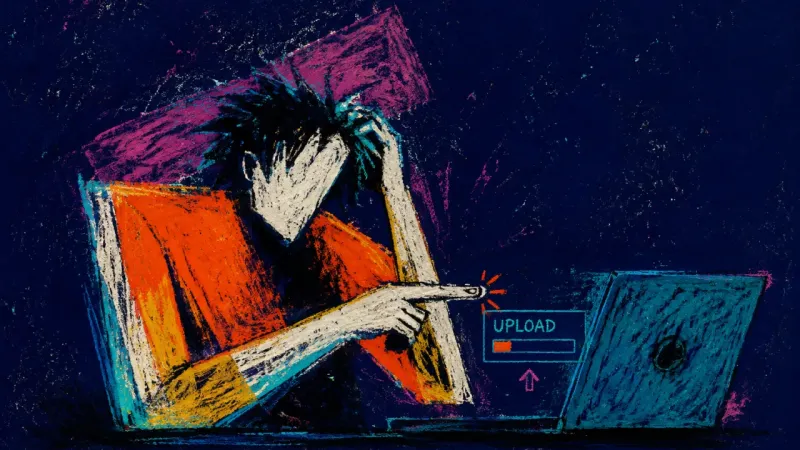 A faceless torso shields an upload screen, symbolizing perfectionism that keeps creative work hidden