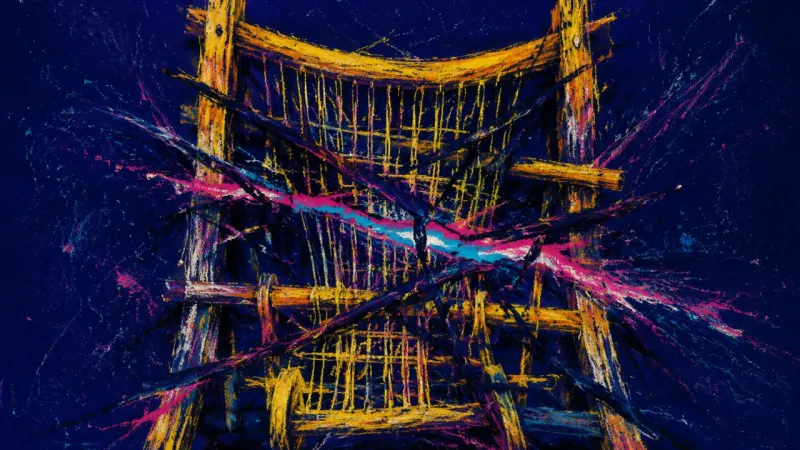 Strangled Loom A deformed loom trapped in tangled lines, representing thesis procrastination and the pressure to