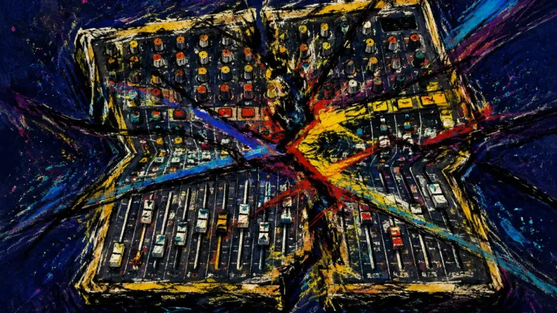 Crossed Channels A mixing console crushed into crossed channels, representing anxious over-responsibility and the p