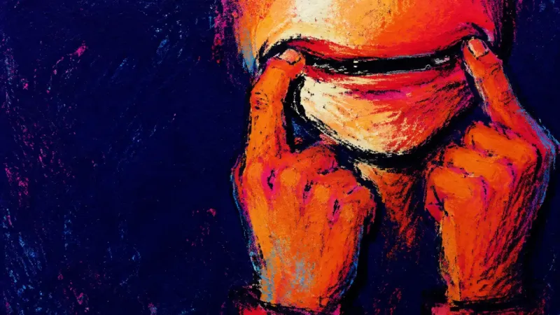 Two hands pull the corners of a mouth into an exaggerated smile, symbolizing pressure to stay and