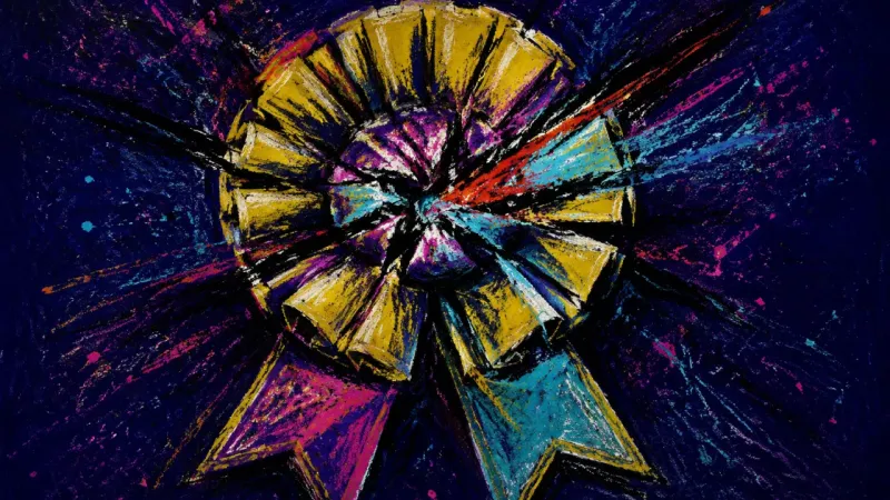 An award rosette warped into a dense knot, representing shame and self-erasure within the golden