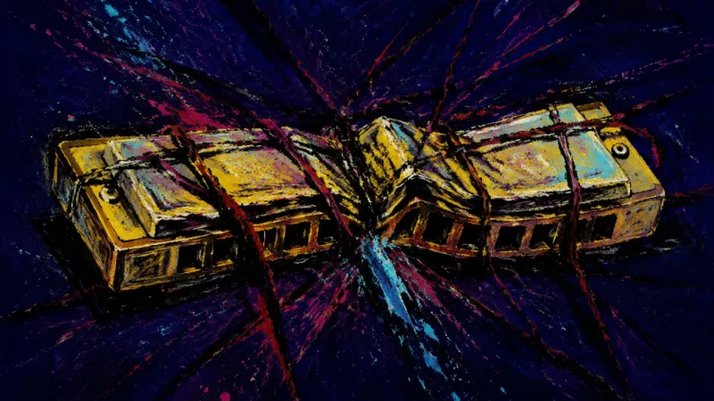 Voice Under Pressure A crushed harmonica bound by chaotic lines, representing anger suppressed by family pressure and 0
