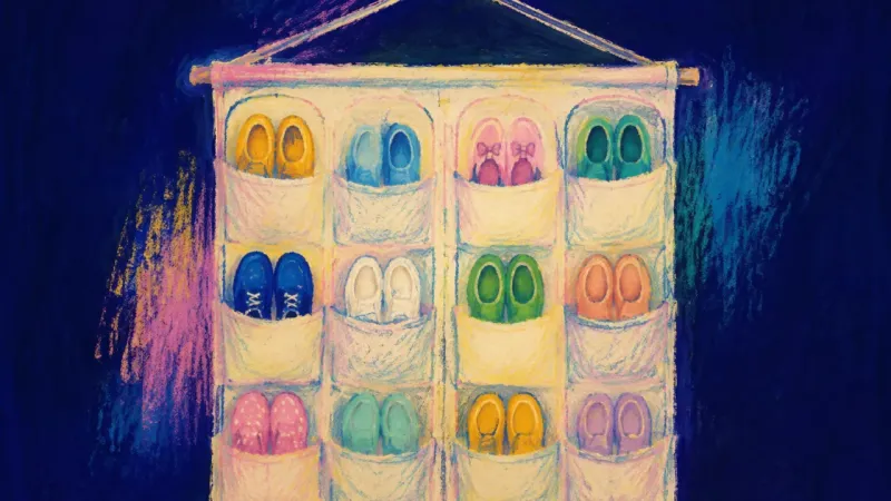 A shoe organizer restored to an orderly array, representing grounded belonging and care before a '}}