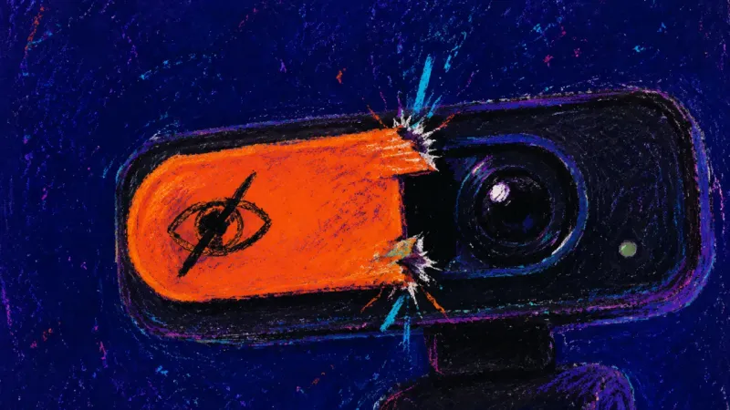 The Unsent Threshold A jammed webcam shutter blocking an open pitch call, symbolizing perfectionism that delays