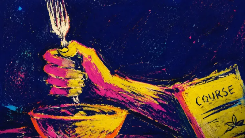The Unfinished Pause A hand holds a fork above an untouched meal while study notes pull attention back, symbolizing fear
