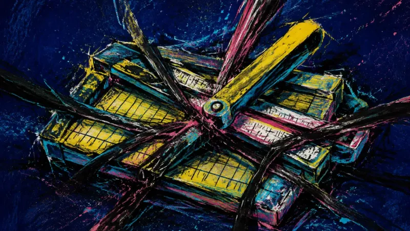 The Captured Cut A distorted paper trimmer trapped in crossing lines symbolizes exhaustion and lost boundaries from 