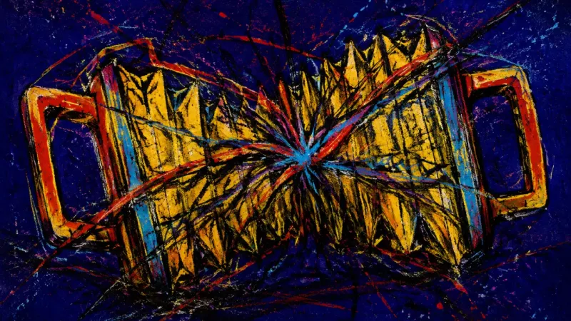 A crushed bellows bound by chaotic lines, representing identity contraction and self-censorship 