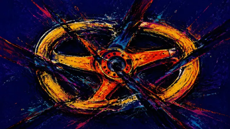Constricted Agency An abstract steering wheel is crushed by chaotic pressure, representing helplessness, rigid self-re