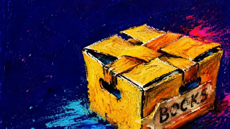 A moving box marked BOOKS crushed shut by interlocked flaps, symbolizing comfort and belonging