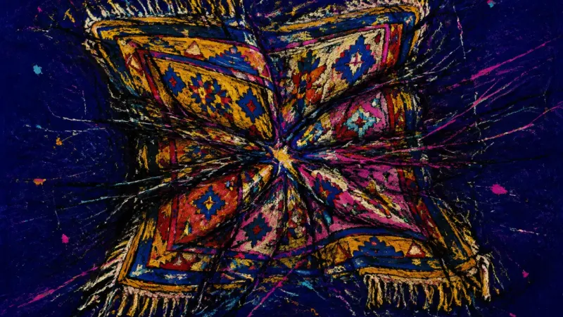 A rug crushed into a dense knot and trapped by chaotic lines, representing comfort and belonging