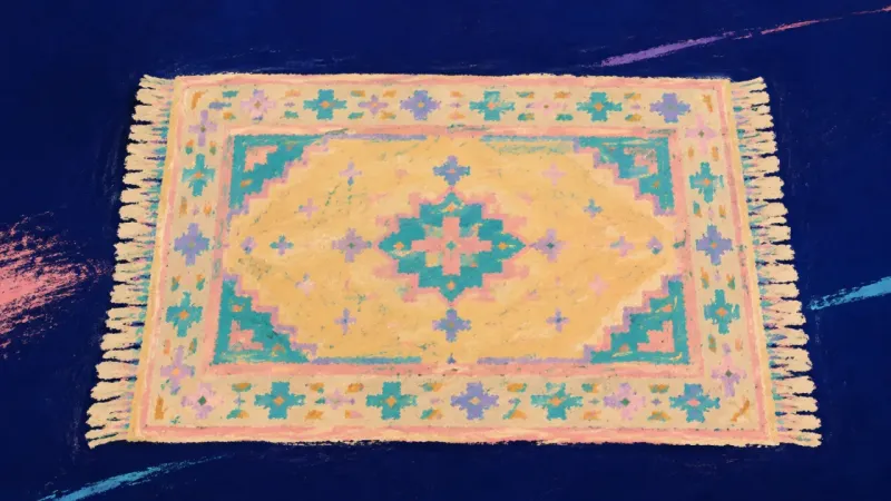 A fully opened rug with an even pattern and continuous border, representing present-tense belonging