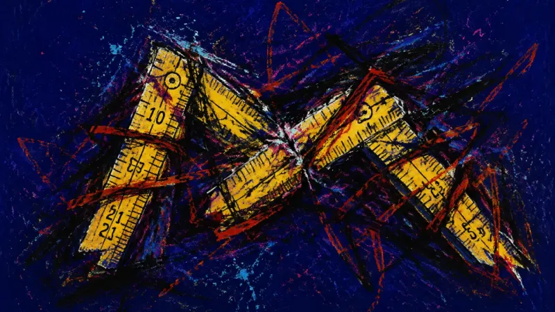 The Bent Rule A folding ruler crushed into a tangled zigzag, representing the belief that rest must be earned.